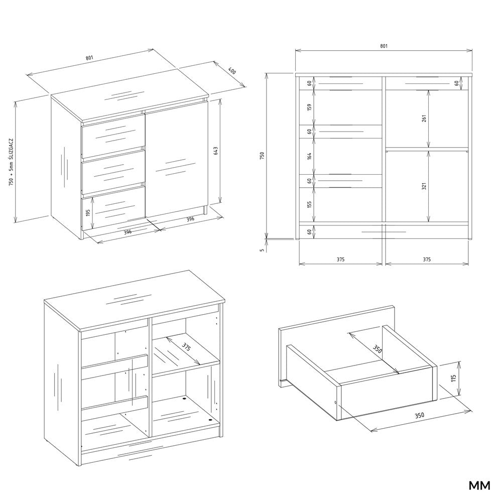 1 Door 3 Drawer Sideboard